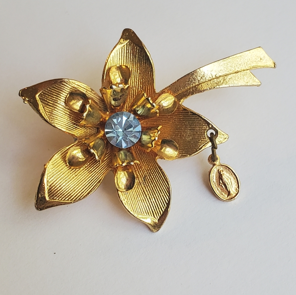 Vintage Miraculous Mary Flower Rhinestone Brooch